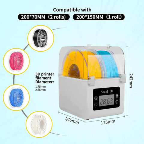 Moisture Busting Filament Dehydrator Dry Box with Upgraded Fan for 3D Printing, showing dimensions and 3D filament compatibility