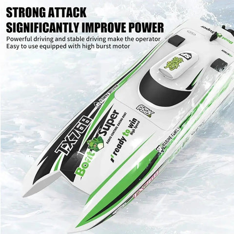 Close-up of Ultra Fast 2.4G Brushless RC Speedboat for Adults, showing realistic design and pro grade build.