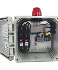 Open Pump Control Panel With High Water Alarm Model 50B010 WHAP External Run Mute Test Switch With UV Resistant Sealing Boot Rugged External Audible Alarm UV Resistant Alarm Light Terminal Block Access And Circuit Breakers For Pump And Alarm Circuits inside white enclosure