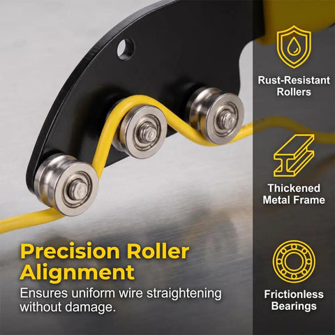Close-up of Heavy Duty Stainless Steel Cable Straightener Tool With Ergonomic Anti Slip Handle showcasing precision roller alignment and yellow wire.