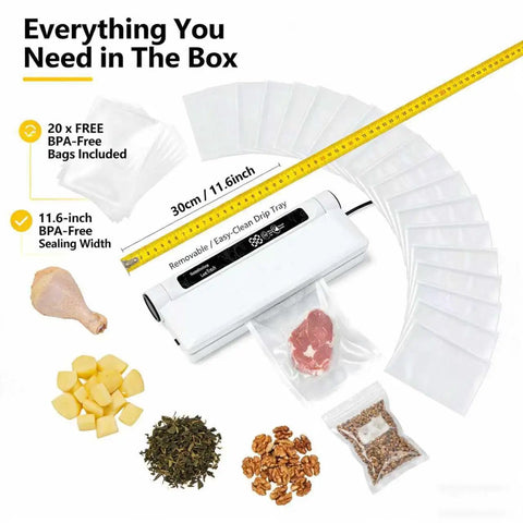 Powerful 75KPa Vacuum Sealer Machine With Dry And Wet Modes, 20 bags, food items, LED indicator, compact for home kitchen