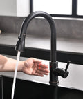 GIMILI Touchless Kitchen Faucet with Pull Down Sprayer featuring a hand activating sensor and water flow, modern design.
