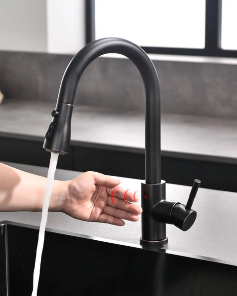 GIMILI Touchless Kitchen Faucet with Pull Down Sprayer featuring a hand activating sensor and water flow, modern design.