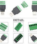 USB 2.0 Type A Breakout Board to 5 Pin Screw Terminal Connector Shield Adapter Kit details, pack of 4, black and green connectors