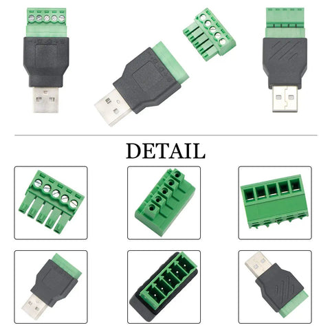 USB 2.0 Type A Breakout Board to 5 Pin Screw Terminal Connector Shield Adapter Kit details, pack of 4, black and green connectors