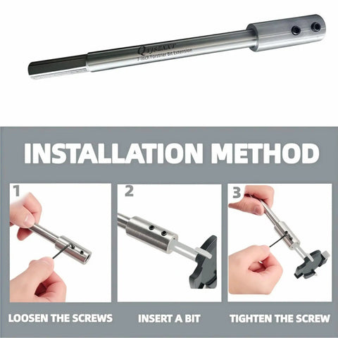 Built Different High Carbon Steel Forstner Bit Extension Set 7 Inch installation method with screws and bits for woodworking.