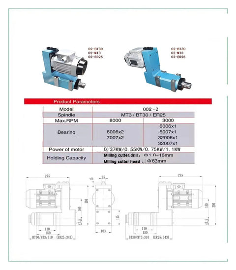 Technical diagram of Beefy CNC Spindle Power Head MT3 BT30 ER25 With 370W Induction Motor V Belt Drive showing dimensions and specs.