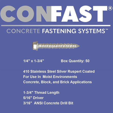 1/4 In X 1-3/4 In Concrete Screws With 410 Stainless Steel Hex Drive, Self-Tapping Masonry Screws With Diamond Point, Drill Bit Included, Ideal For Anchoring To Brick, Block Or Masonry, 50 Per Box displayed with packaging details.