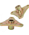 Heavy Duty Steel Alloy Rear Axle Hub Featuring Rock Solid 17T Spline Drive And Three Stud Setup For Off Road Quad Bike And Go Kart Builds With Golden Abrasion Resistant Coating Built Tough As Nails In A Pair close-up view of two hubs