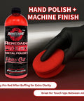 Aluminum Polishing Kit With Dual Buffing Wheels Polishing Compounds Right Angle Grinder Safety Flange Pro Red Hand Polish And Microfiber Pads For A Crazy Slick Showroom Worth Shine, featuring Pro Red polish bottle and red pad.