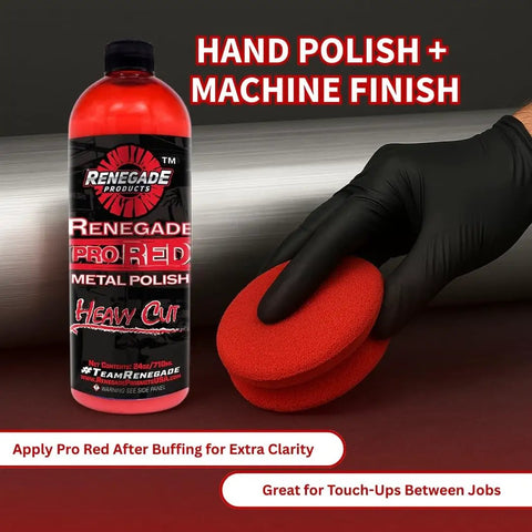 Aluminum Polishing Kit With Dual Buffing Wheels Polishing Compounds Right Angle Grinder Safety Flange Pro Red Hand Polish And Microfiber Pads For A Crazy Slick Showroom Worth Shine, featuring Pro Red polish bottle and red pad.