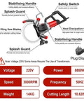 Heavy Duty Brushless Electric Concrete Saw And Wall Chaser Wet Saw 9500W Pro Grade showing features like stabilizing handle and safety switch.