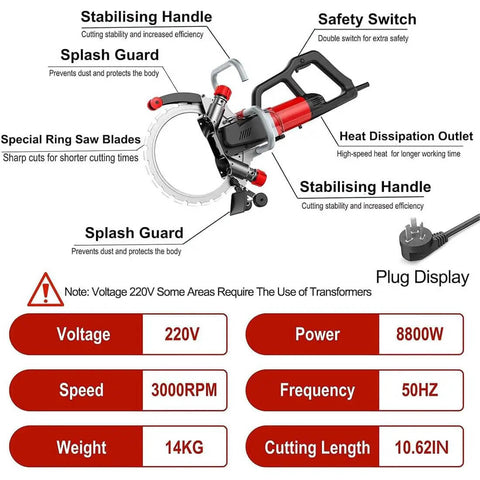 Heavy Duty Brushless Electric Concrete Saw And Wall Chaser Wet Saw 9500W Pro Grade showing features like stabilizing handle and safety switch.