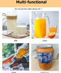 Milk, juice, wine, and soft drink in various containers with caution not to put hot water above 30°C, multi-functional display.