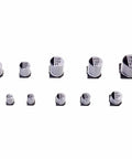 Ten Value SMD Aluminum Electrolytic Capacitors Kit, 180 Pieces, 1uF To 1000uF, 16V To 50V, showing capacitors arranged by size.