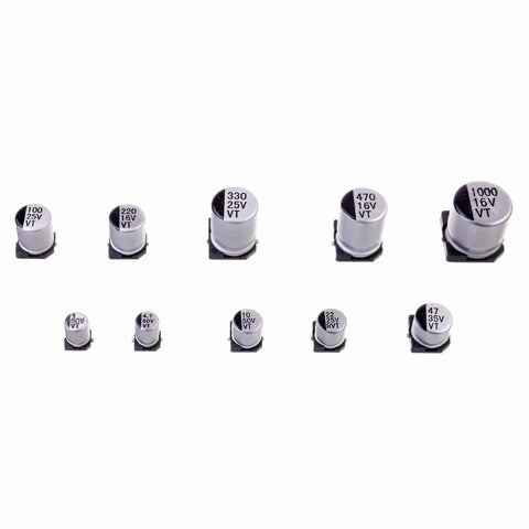 Ten Value SMD Aluminum Electrolytic Capacitors Kit, 180 Pieces, 1uF To 1000uF, 16V To 50V, showing capacitors arranged by size.