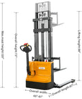 Kaixun Full Powered Electric Walkie Stacker With Adjustable Straddle Legs For Easy Pallet Handling And Lifting side view showing dimensions and lifting height of 98 inches.