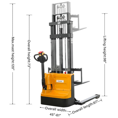 Kaixun Full Powered Electric Walkie Stacker With Adjustable Straddle Legs For Easy Pallet Handling And Lifting side view showing dimensions and lifting height of 98 inches.
