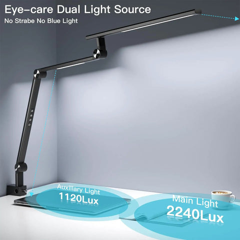 LED Desk Lamp With Clamp For Home Office, Dual Light Source 18W on a desk, showcasing 1120Lux auxiliary and 2240Lux main light areas.