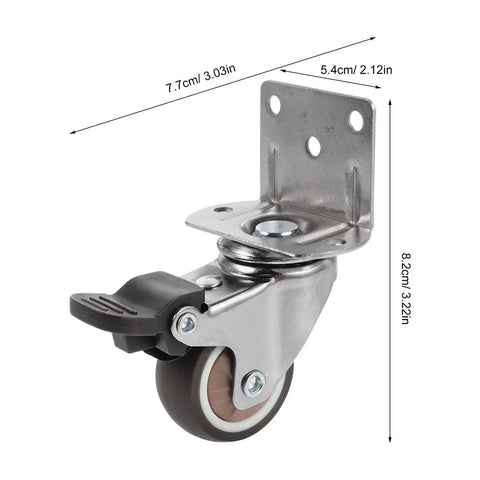 A singular 1.5 inch L-shaped TPR swivel caster wheel with locking brakes and plate mount for easy glide. Part of 4-Pack set.