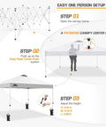 10x10 Foot Pop Up Canopy Tent With Wheeled Carry Bag, Easy One Person Setup diagram showing steps, Center Lock Push System demonstration.