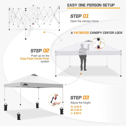 10x10 Foot Pop Up Canopy Tent With Wheeled Carry Bag, Easy One Person Setup diagram showing steps, Center Lock Push System demonstration.