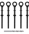 Set of 5 Heavy Duty Black Stainless Steel Eye Bolts With Nuts And Washers, 1/4 inch thread, including drill bit, front view.