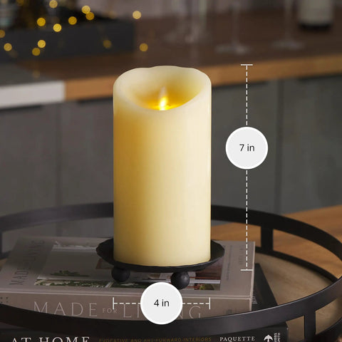 Flameless LED Pillar Candle With Moving Flame And Timer Ivory Real Wax Pillar 4 Inch By 7 Inch Battery Operated Unscented