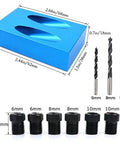 Blue pocket hole jig kit with 15-degree dowel drill, 6/8/10mm adapters, featuring precise measurements for carpentry use.