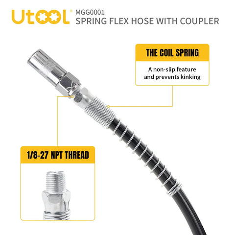 Grease Gun Accessory Kit Built Tough With Eighteen Inch Resin Spring Flex Hose No Kink One Normal Coupler One Eighth NPT Threads Ten Thousand PSI Max Heavy Duty Pro Grade Components For Pros, showing close-up of the spring flex hose with coupler and 1/8-27 NPT thread details.