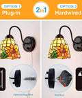 Bedside Wall Mount Lamp With Dimmable Switch, Industrial Gooseneck Sconce With Plug In Cord, Sea Blue Stained Glass Shade