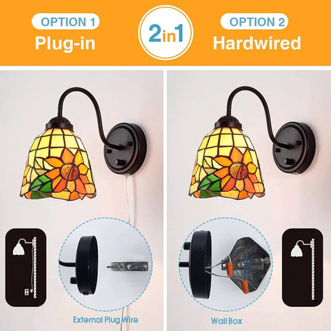 Bedside Wall Mount Lamp With Dimmable Switch, Industrial Gooseneck Sconce With Plug In Cord, Sea Blue Stained Glass Shade