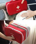 PenyaZo red first aid bag; front and side views show compact empty medical kit with cross, portable home/outdoor pouch