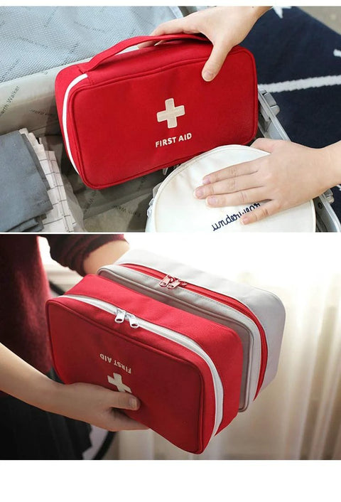 PenyaZo red first aid bag; front and side views show compact empty medical kit with cross, portable home/outdoor pouch