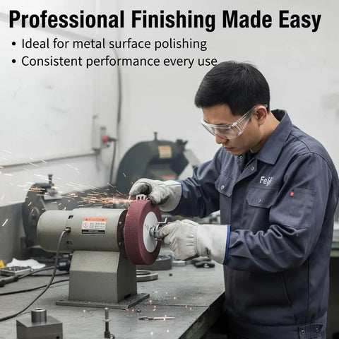 Worker using 8 Inch Extra Thick Nonwoven Polishing Wheel 320 Grit Nylon Buffing Flap Wheel For Die Grinder And Bench Grinder Red