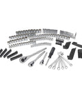 230 Piece Mechanic Tool Set With Case For Home Garage Use SAE And Metric Wrenches Sockets Ratchets And Bit Drivers displayed