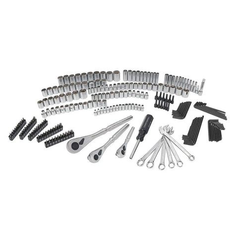 230 Piece Mechanic Tool Set With Case For Home Garage Use SAE And Metric Wrenches Sockets Ratchets And Bit Drivers displayed