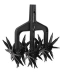 Close-up of Rotary Garden Tiller And Soil Scarifier 2 In 1 Removable Handheld Aerator with long spikes for aeration and soil mixing.