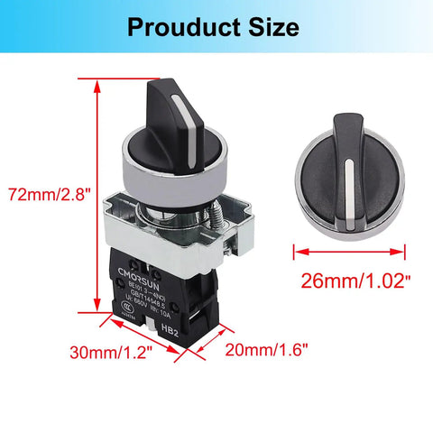 2 Pack 22mm 2 Position Maintained Selector Switch 1NO 10A 440V Latching Rotary Switch With Metal Head For Industrial Control Panels And Machine Control Push Button Style HB2 BD21, size diagram