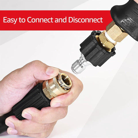 YAMATIC pressure washer quick-connect adapter set; two brass M22 to 3/8 in adapters, close-up of hand connecting