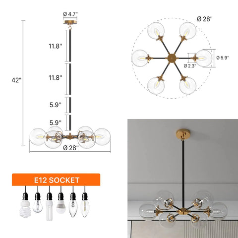 Sputnik Chandelier Dope Mid Century Pendant Light With Glass Globe Shades, dimensions and side view, ceiling mount fixture
