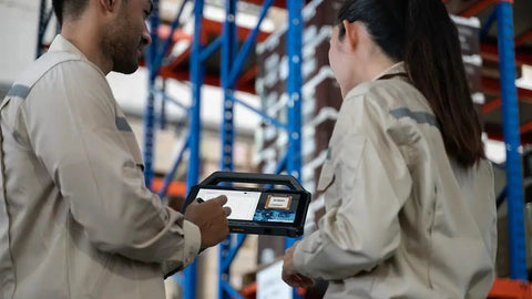 Two field technicians using a Built Like A Tank 10.1 Inch Rugged Tablet With Intel Core I7 in a warehouse setting.