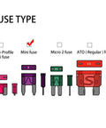 Diagram showing different fuse types highlighting mini blade fuse for Add A Circuit Fuse Tap Adapter Kit For 12V Cars.