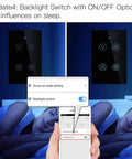 WiFi Smart Ceiling Fan Light Wall Switch With Remote Timer And Countdown Works With Alexa And Google Home Tuya Smart Life App Control No Hub Required Black 3 Gear Modes For Light And Fan Easy Install shown with mobile app control and backlight switch option