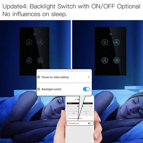 WiFi Smart Ceiling Fan Light Wall Switch With Remote Timer And Countdown Works With Alexa And Google Home Tuya Smart Life App Control No Hub Required Black 3 Gear Modes For Light And Fan Easy Install shown with mobile app control and backlight switch option