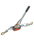 4 Ton Dual Gear Come Along Power Puller with two hooks and steel cable for heavy duty lifting hand winch, front view.