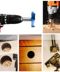 Forstner drill bit, 50mm diameter, mounted on a cordless drill; used to bore clean holes in wood and plywood.