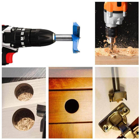 Forstner drill bit, 50mm diameter, mounted on a cordless drill; used to bore clean holes in wood and plywood.