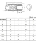 Technical drawing of Heavy Duty 304 Stainless Steel Ball Plunger Set Screws with size specifications M3 to M12.