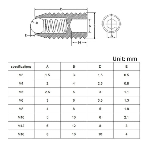 Technical drawing of Heavy Duty 304 Stainless Steel Ball Plunger Set Screws with size specifications M3 to M12.